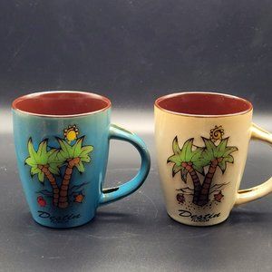 Agiftcorp Destin, FL Coffee Tea Mugs Blue Brown Palm Trees Beach Qty 2